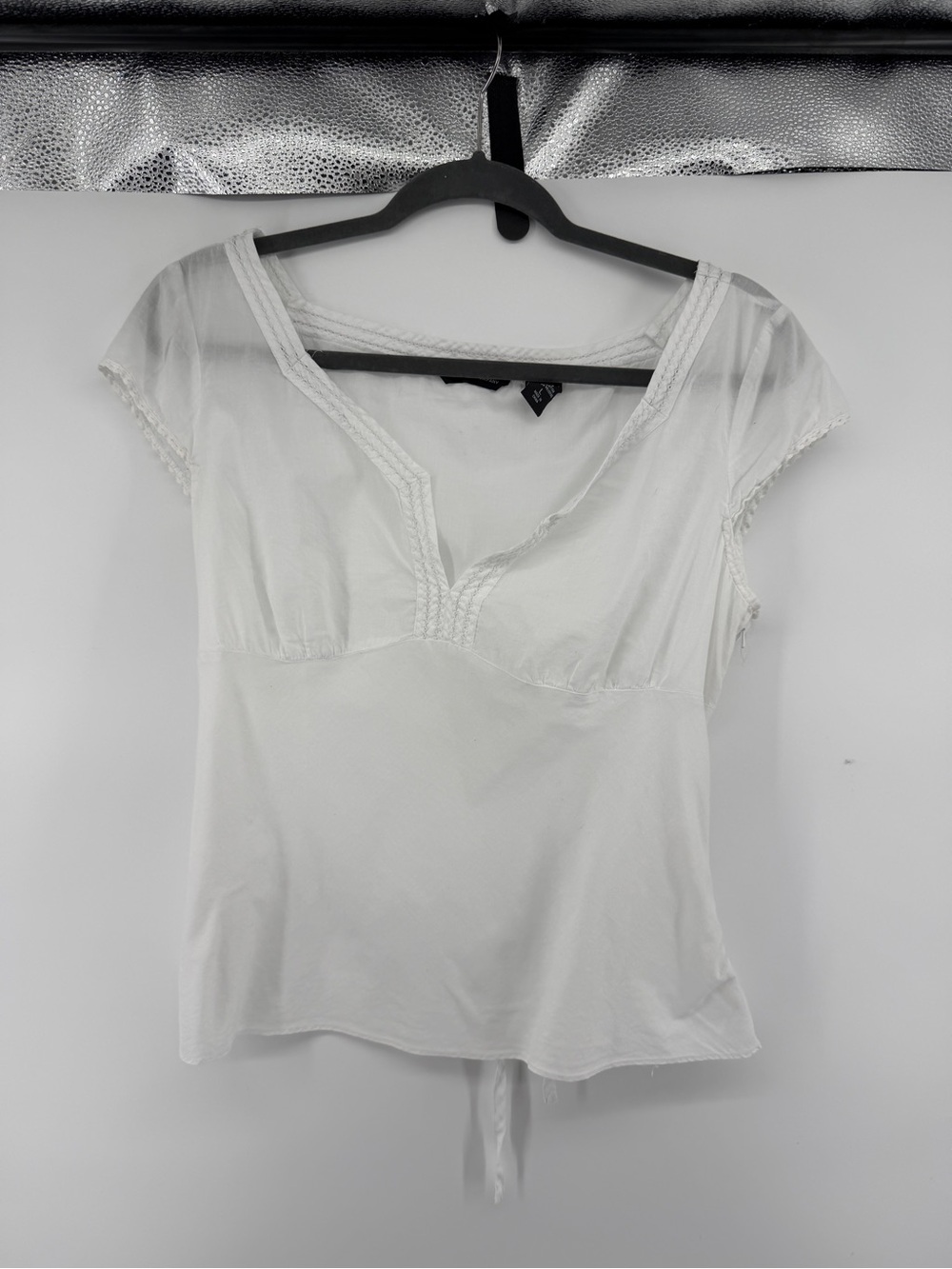 NY&Company VTG Y2K White Mesh Trim Cap‎ Sleeve Milkmaid Fairycore Blouse SzM